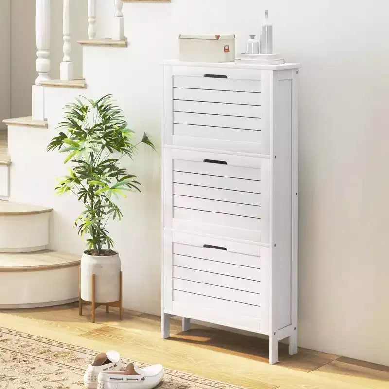 HOMCOM Narrow Shoe Storage Cabinet for Entryway with 3 Flip Drawers, Slim Shoe Rack Organizer with Louvered Doors for 6 Pairs of Shoes, White