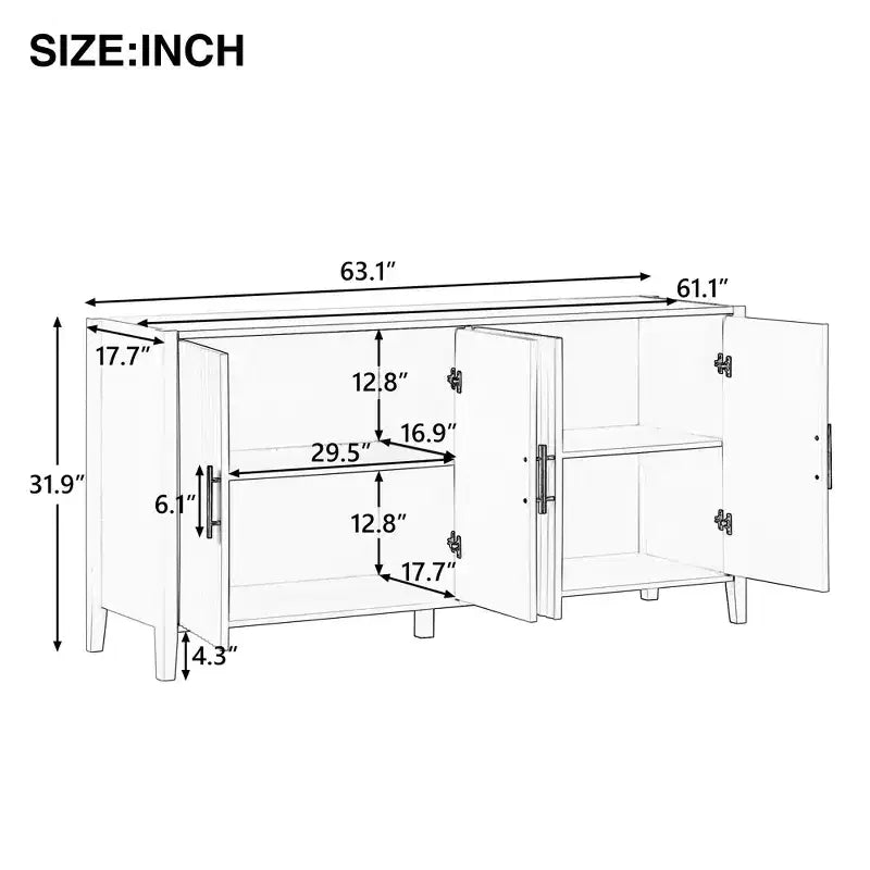 Characteristic Wooden Sideboard Storage Cabinet with Metal Handles for Hallway, Entrance, Living Room, Bedroom