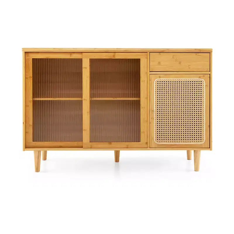 Costway Buffet Sideboard Cabinet Rattan Console Table with Sliding Doors Storage Drawer