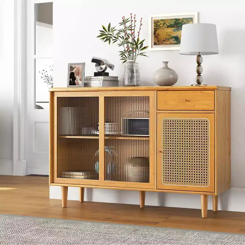 Costway Buffet Sideboard Cabinet Rattan Console Table with Sliding Doors Storage Drawer