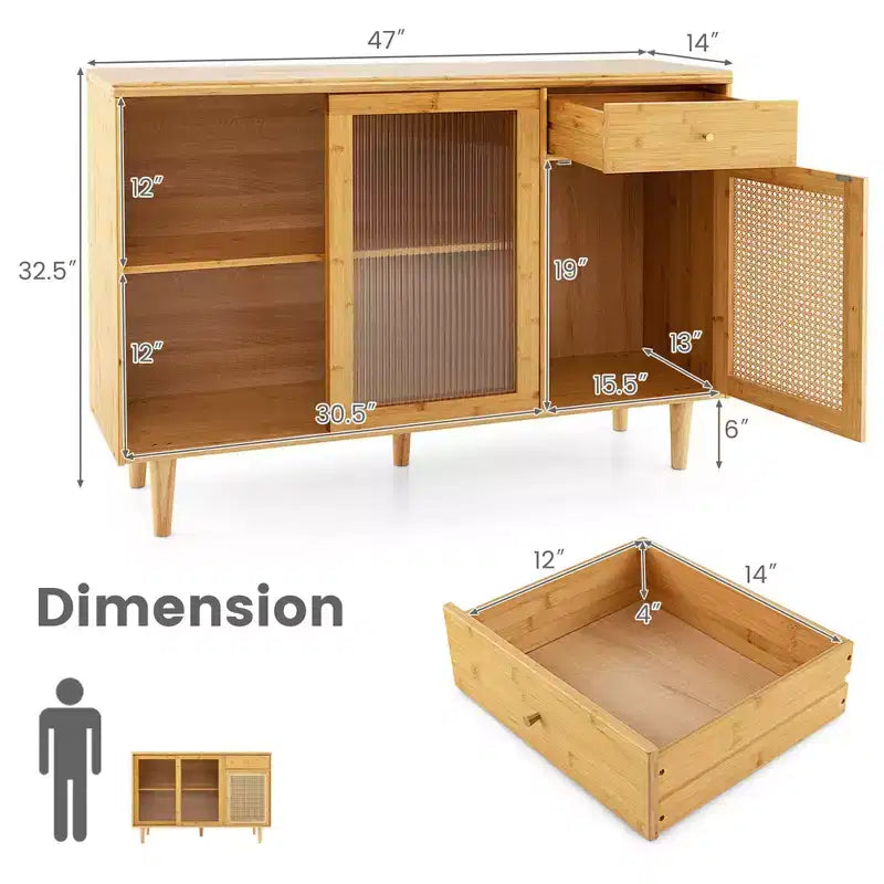Costway Buffet Sideboard Cabinet Rattan Console Table with Sliding Doors Storage Drawer
