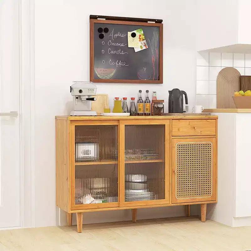 Costway Buffet Sideboard Cabinet Rattan Console Table with Sliding Doors Storage Drawer