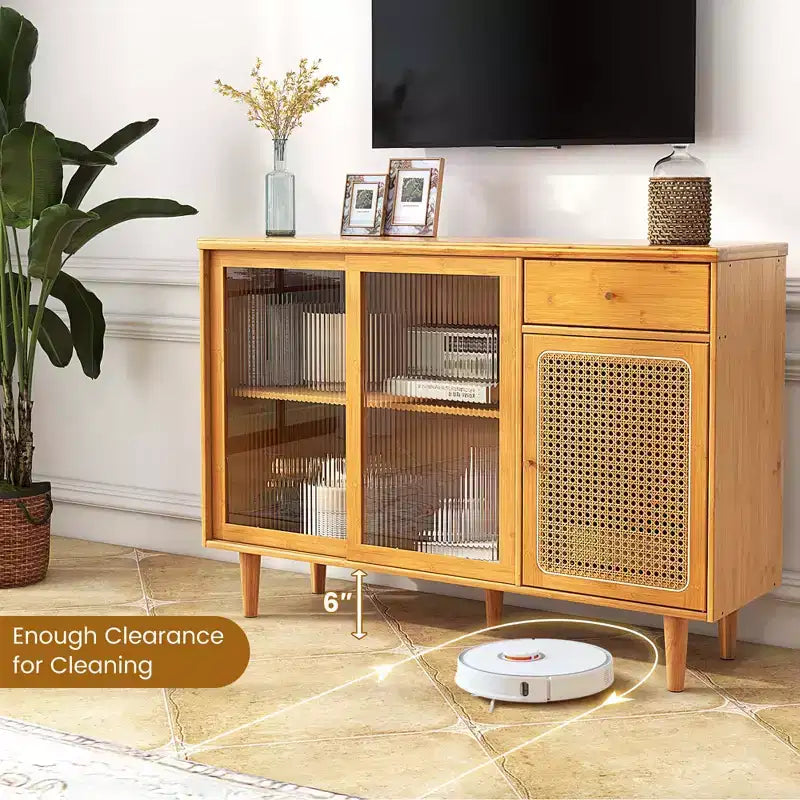 Costway Buffet Sideboard Cabinet Rattan Console Table with Sliding Doors Storage Drawer