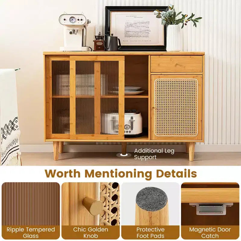Costway Buffet Sideboard Cabinet Rattan Console Table with Sliding Doors Storage Drawer