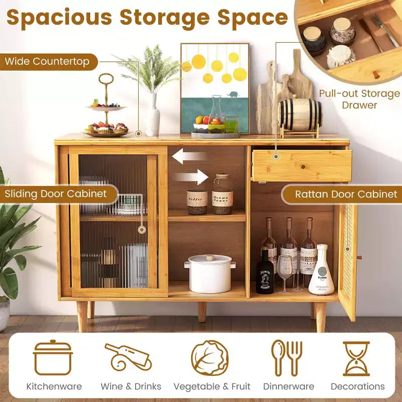 Costway Buffet Sideboard Cabinet Rattan Console Table with Sliding Doors Storage Drawer