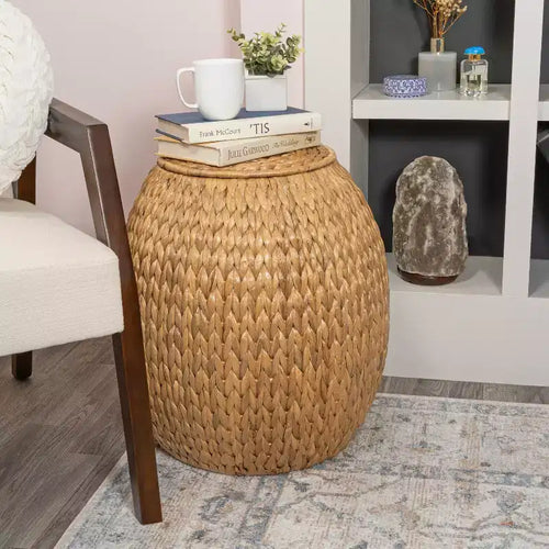 17" Coastal Bohemian Handwoven Hyacinth Storage Stool with Lid, Natural